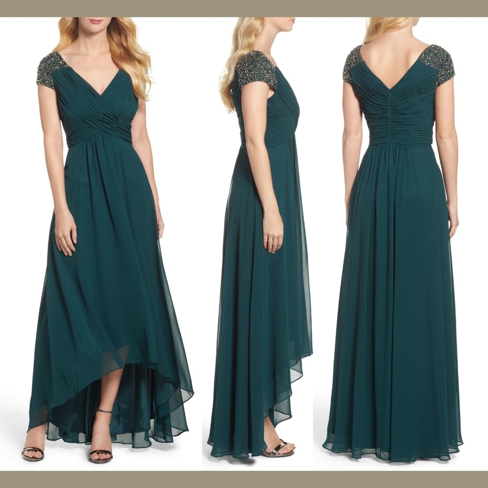 NWT $218 Eliza J Embellished Pleated Chiffon Gown‎ in Emerald [SZ 4 ]